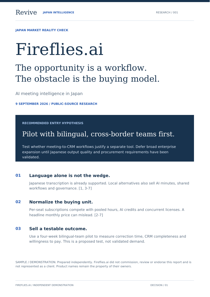 First page of the Fireflies.ai Japan Market Reality Check, featuring the entry recommendation and three market findings